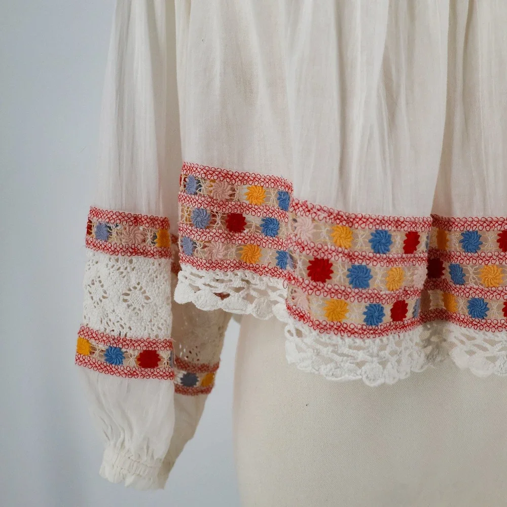 Free People Peasant Top Womens Embroidered Boho Crop Small Ivory India